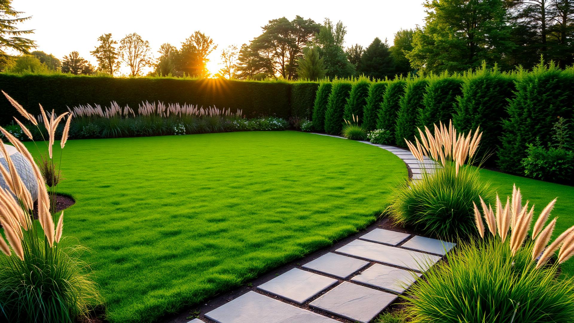 Moderne, verzorgde tuin bij zonsondergang